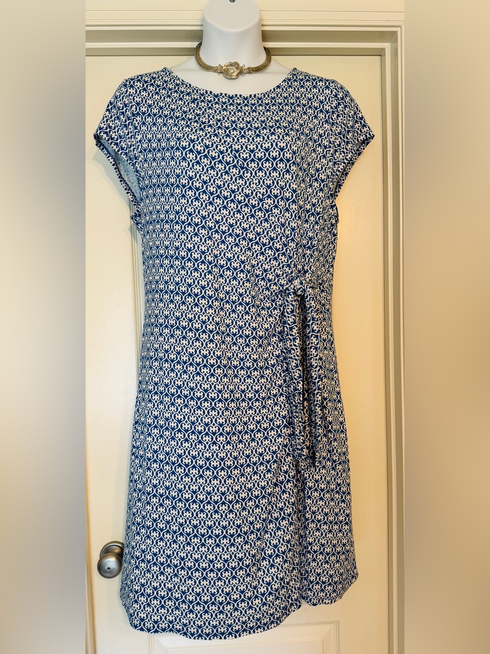 Talbots Navy and White Geometric Tie-Waist Midi Dress